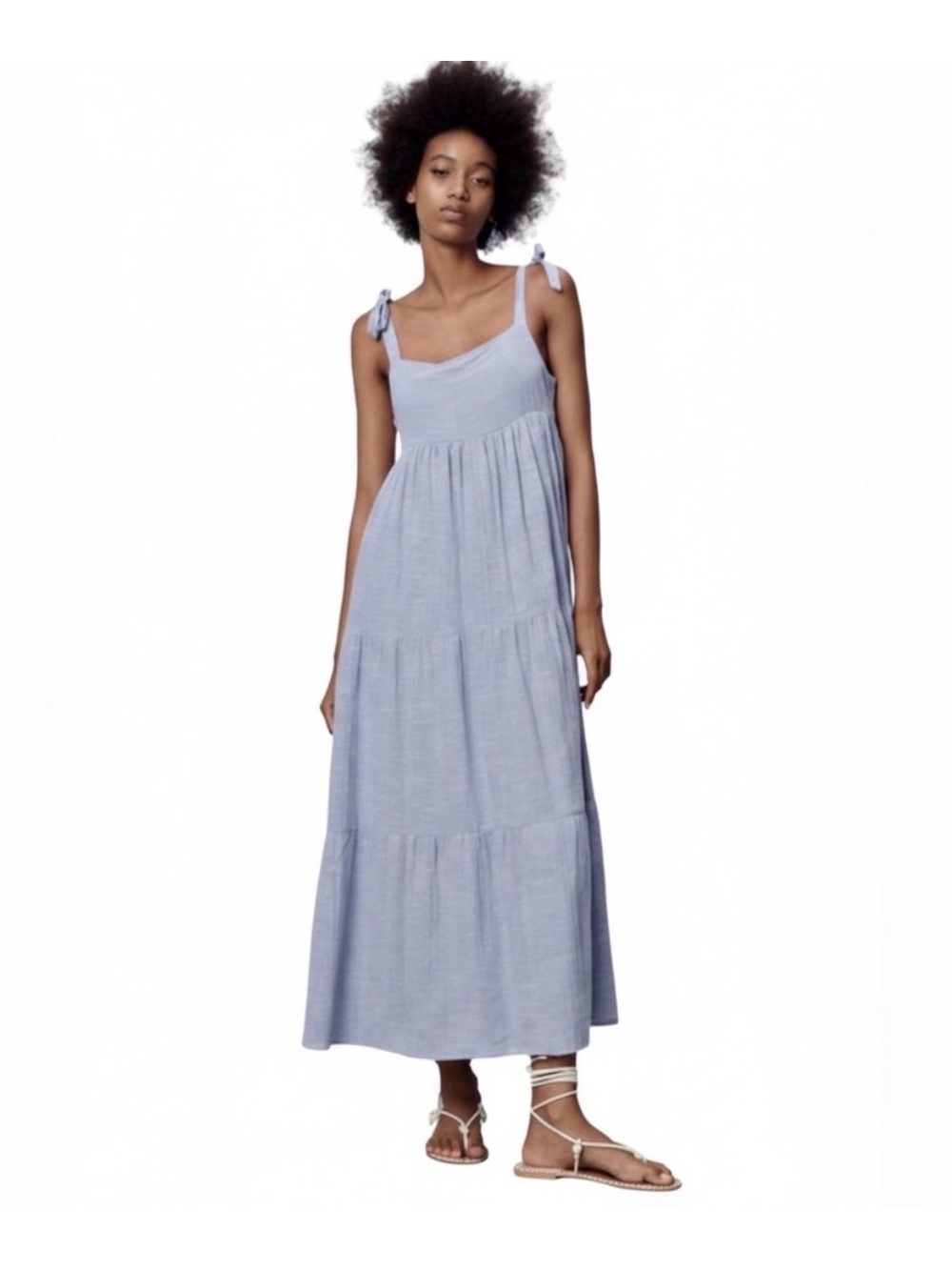 Zara Light Blue Tie-Shoulder Tiered Maxi Dress
